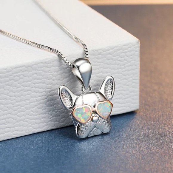 NEW French Bulldog w/ White Sparkle Sunglasses Silver Charm Dog Pendant Necklace - Picture 4 of 4